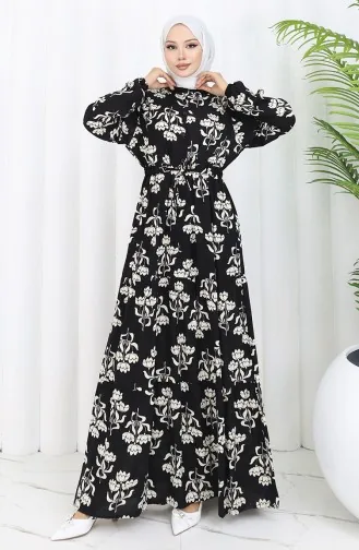 Half Buttoned Patterned Dress 2052-04 Black And White 2052-04