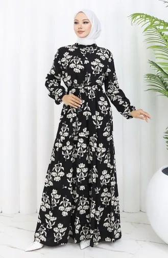 Half Buttoned Patterned Dress 2052-04 Black And White 2052-04
