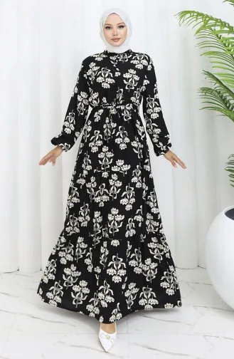 Half Buttoned Patterned Dress 2052-04 Black And White 2052-04