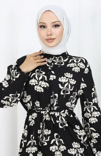 Half Buttoned Patterned Dress 2052-04 Black And White 2052-04