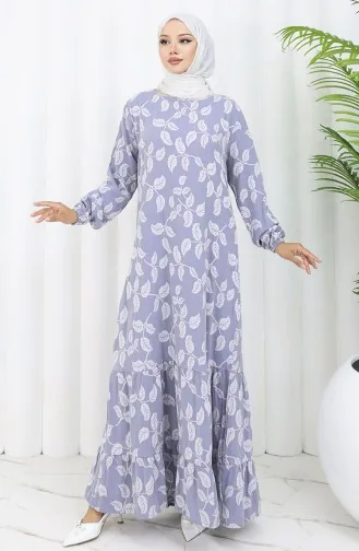 Gemustertes Kleid Mit Elastischen Ärmeln 2055-01 Grau 2055-01