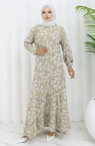 Gemustertes Kleid Mit Elastischen Ärmeln 2055-02 Mandelgrün 2055-02