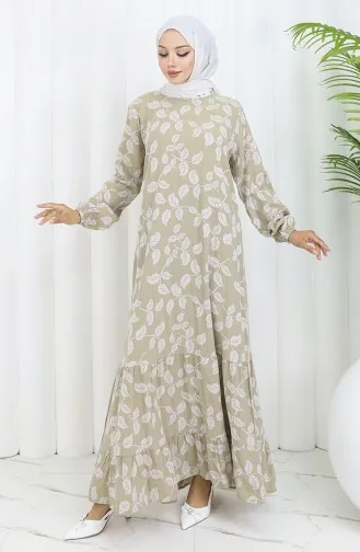 Gemustertes Kleid Mit Elastischen Ärmeln 2055-02 Mandelgrün 2055-02