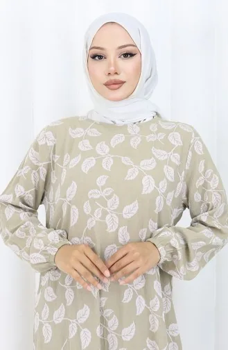 Gemustertes Kleid Mit Elastischen Ärmeln 2055-02 Mandelgrün 2055-02