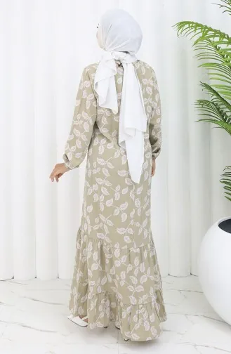 Gemustertes Kleid Mit Elastischen Ärmeln 2055-02 Mandelgrün 2055-02