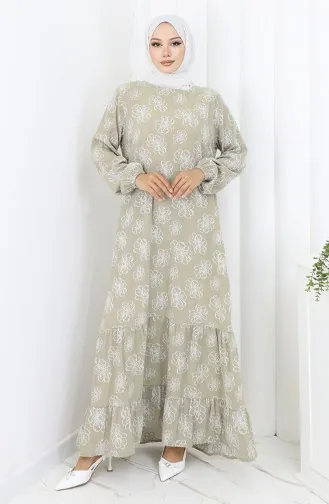 Kolu lastikli Desenli Elbise 2056-01 Çağla Yeşili