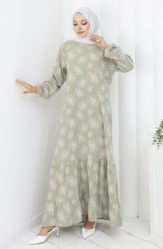 Kolu lastikli Desenli Elbise 2056-01 Çağla Yeşili