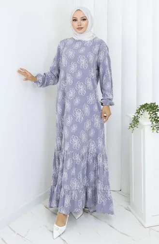 Elastic Sleeve Patterned Dress 2056-02 Silver Gray 2056-02