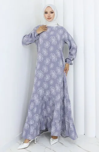 Elastic Sleeve Patterned Dress 2056-02 Silver Gray 2056-02