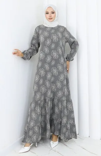 Kolu lastikli Desenli Elbise 2056-03 Antrasit