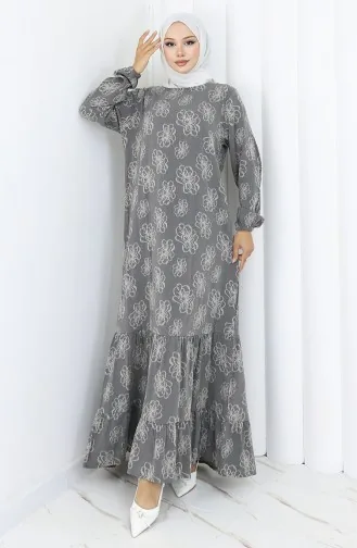 Kolu lastikli Desenli Elbise 2056-03 Antrasit
