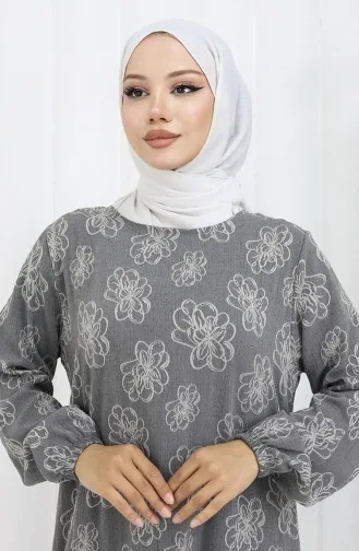 Kolu lastikli Desenli Elbise 2056-03 Antrasit