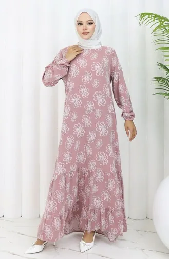 Kolu lastikli Desenli Elbise 2056-04 Gül Kurusu