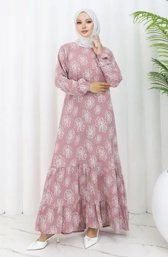 Kolu lastikli Desenli Elbise 2056-04 Gül Kurusu