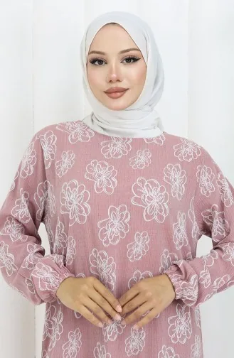 Kolu lastikli Desenli Elbise 2056-04 Gül Kurusu