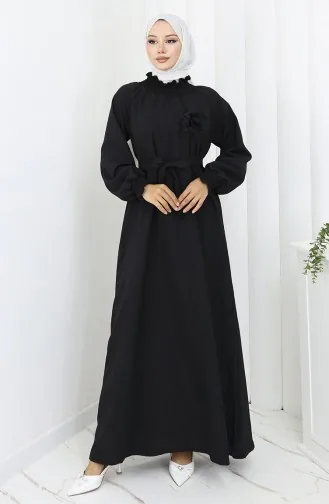 فستان بحزام مطاطي مفصل 2063-01 أسود 2063-01
