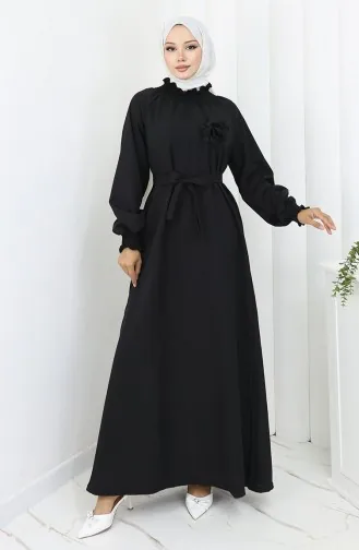 فستان بحزام مطاطي مفصل 2063-01 أسود 2063-01