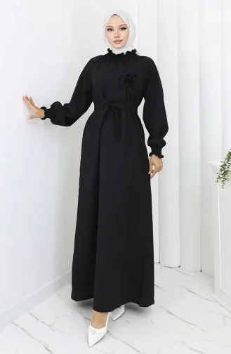 فستان بحزام مطاطي مفصل 2063-01 أسود 2063-01