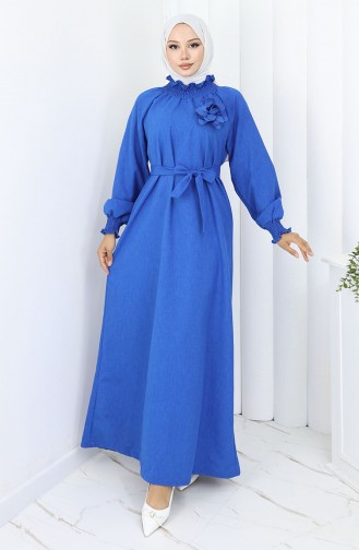 Lastik Detaylı Kuşaklı Elbise 2063-05 Saks