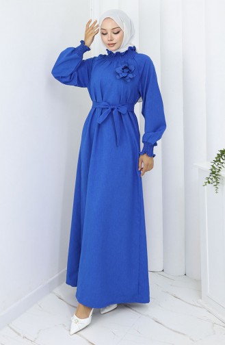 Lastik Detaylı Kuşaklı Elbise 2063-05 Saks