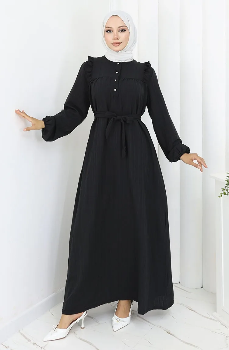 Kleid Mit Rüschen Und Gürtel 2064-01 Schwarz 2064-01