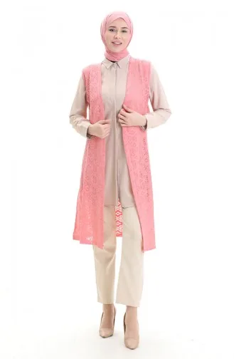 Geregen Lang Effen Vest 8754-01 Roze 8754-01