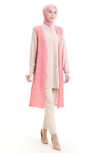 Geregen Lang Effen Vest 8754-01 Roze 8754-01