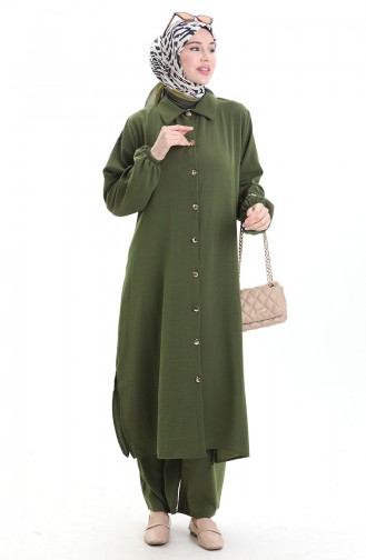 Düğmeli Uzun Tunik Pantolon İkili Takım 0089-01 Haki