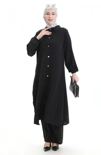 Geknöpfter Langer Tunika-Hosen-Zweiteiler 0089-02 Schwarz 0089-02