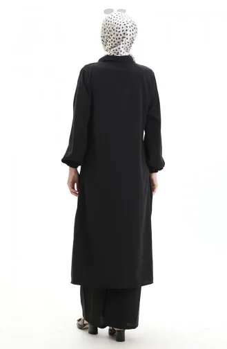 Geknöpfter Langer Tunika-Hosen-Zweiteiler 0089-02 Schwarz 0089-02