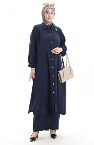Düğmeli Uzun Tunik Pantolon İkili Takım 0089-03 Lacivert