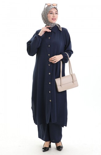 Düğmeli Uzun Tunik Pantolon İkili Takım 0089-03 Lacivert