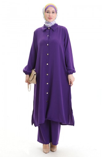 Düğmeli Uzun Tunik Pantolon İkili Takım 0089-04 Mor