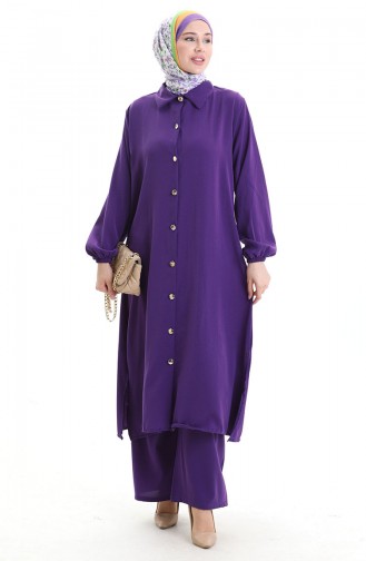 Düğmeli Uzun Tunik Pantolon İkili Takım 0089-04 Mor