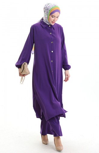 Düğmeli Uzun Tunik Pantolon İkili Takım 0089-04 Mor