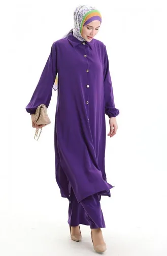 Geknöpfter Langer Tunika-Hosen-Zweiteiler 0089-04 Lila 0089-04