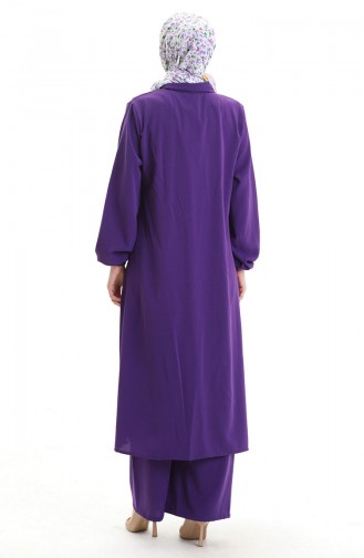 Düğmeli Uzun Tunik Pantolon İkili Takım 0089-04 Mor