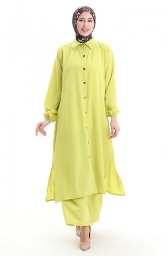 Düğmeli Uzun Tunik Pantolon İkili Takım 0089-05 Neon Yeşili