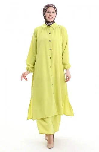 Geknöpfter Langer Tunika-Hosen-Zweiteiler 0089-05 Neongrün 0089-05