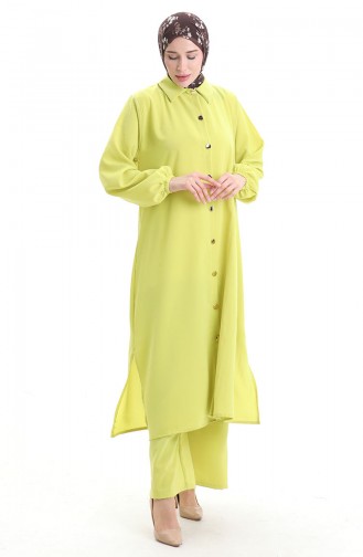 Düğmeli Uzun Tunik Pantolon İkili Takım 0089-05 Neon Yeşili