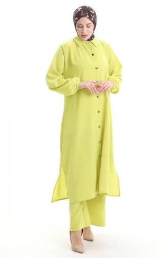 Geknöpfter Langer Tunika-Hosen-Zweiteiler 0089-05 Neongrün 0089-05