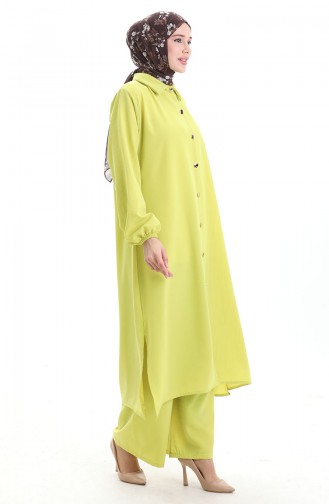 Düğmeli Uzun Tunik Pantolon İkili Takım 0089-05 Neon Yeşili