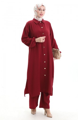 Düğmeli Uzun Tunik Pantolon İkili Takım 0089-06 Bordo