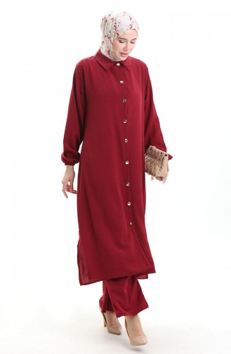 Düğmeli Uzun Tunik Pantolon İkili Takım 0089-06 Bordo