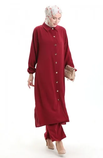 Costume Deux Pièces Tunique Longue Boutonnée Et Pantalon 0089-06 Bordeaux 0089-06