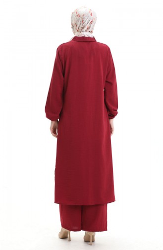 Düğmeli Uzun Tunik Pantolon İkili Takım 0089-06 Bordo