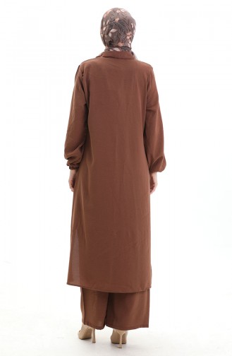 Düğmeli Uzun Tunik Pantolon İkili Takım 0089-08 Kahverengi