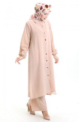 Düğmeli Uzun Tunik Pantolon İkili Takım 0089-09 Vizon