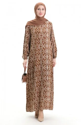 Viskon Kumaş Desenli Elbise 0036-04 Sütlü Kahve