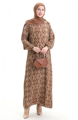 Viskon Kumaş Desenli Elbise 0036-04 Sütlü Kahve